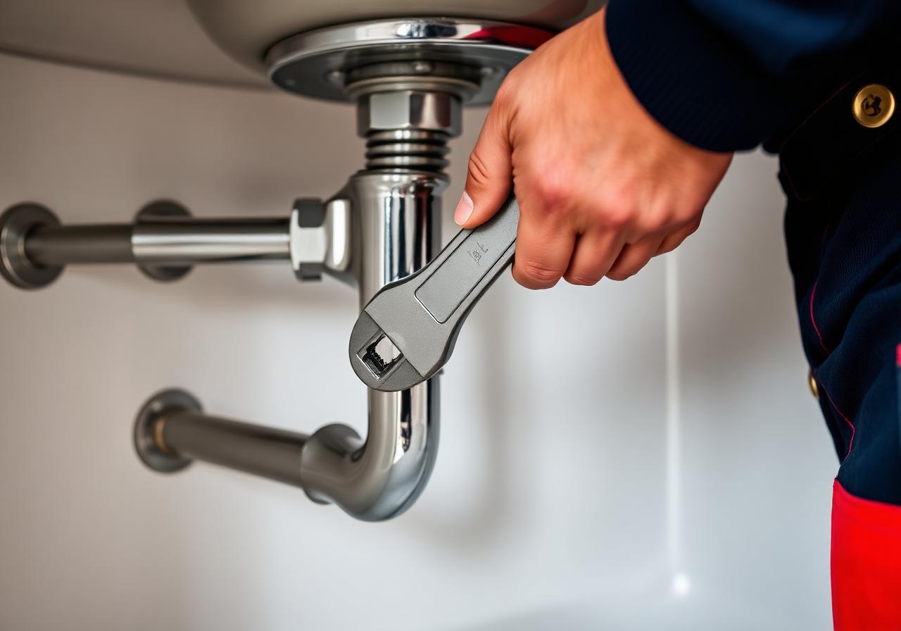 Plumber tightening chrome pipes under a sink